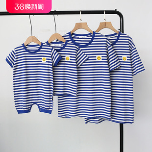 韩国亲子装夏装条纹短袖T恤海军风一家三口四口纯棉婴儿全家装潮