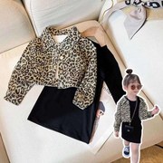 女童秋季套装，2021儿童韩版长袖豹纹外套，洋气针织连衣裙两件套