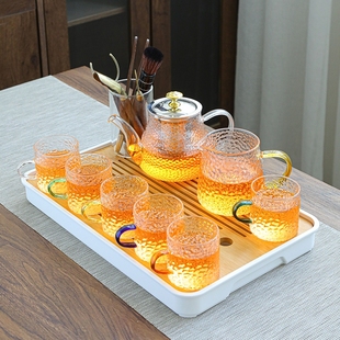 网红日式锤纹玻璃功夫茶具套装办公室家用泡茶壶带把茶杯茶盘组合