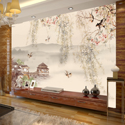 中式山水画风景饭店包厢墙纸，客厅电视背景墙壁纸，无缝墙布花鸟壁画