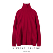 超有气质的~男女红色粗坑条重磅山羊绒粗棒针织加厚短高领毛衣衫