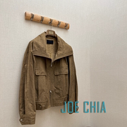 JOE CHIA授权 卡其色做旧水洗棉双向拉链大翻领工装夹克外套