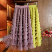 紫色蛋糕裙纱裙半身裙女春季设计感小众高腰，a字裙蕾丝网纱蓬蓬裙