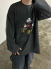 韩国男装Disney高档复古水洗色可爱米奇卡通印花阔版长袖T恤