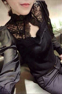 法式蕾丝立领镂空心机上衣女宫廷雪纺袖棉质显瘦气质打底衫大码
