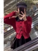 时尚红色娃娃领针织，开衫女2024年设计感小众洋气减龄短款毛衣