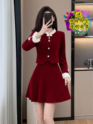 新中式名媛甜美气质少女酒红色小礼服长袖灯芯绒旗袍连衣裙两件套