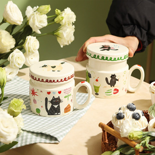 蓝莲花家居杯子马克杯猫咪陶瓷办公室水杯带把手盖茶杯女生设计感