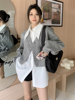 韩系时尚套装女初秋2024中长款打底白衬衫，灰色毛呢外套两件套