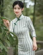 条纹旗袍民国风复古秋季日常可穿气质名媛老上海2024年中袖秋