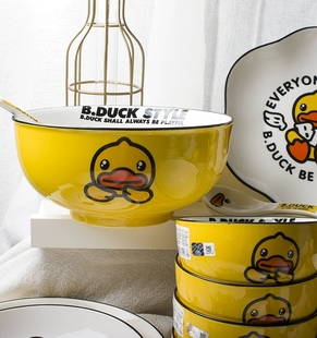小黄鸭套装碗碟家用陶瓷吃米饭碗盘子组合卡通碗碟联名餐具芝士碗