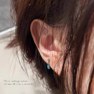 蓝色水晶吊坠耳钉2024小众设计感高级S925纯银独特耳环女