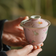 云由山坊粉釉蝶恋花盖碗，景德镇陶瓷手绘茶具，功夫茶泡茶碗茶杯
