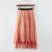 莉系列 夏季商务女装库存折扣桔红色蕾丝半裙百褶裙S2655B