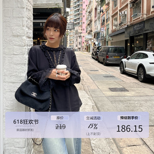 3ts法式蕾丝花边衬衫夏季黑色拼接长袖小衫雪纺衫上衣女