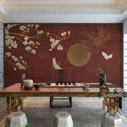 新中式古风壁纸i玉兰花客厅，沙发背景墙纸古典仙鹤壁画茶室书房墙