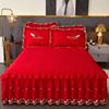 婚庆大红色刺绣床裙式单t件夹棉床单床罩加厚1.8m床套防滑