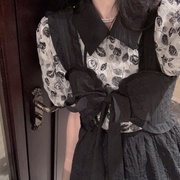 黑色吊带两穿少女连衣短裙夏甜美酷黑复古碎花短袖衬衫高级感气质