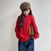 豆丁儿童男女韩版红色缕空圆领薄款纯色套头长袖毛衣中大童针织衫