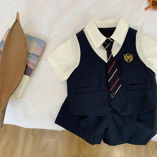 童辰辰妈宝宝学院风假两件套装韩版儿童礼服短袖衬衫男童西裤短裤