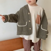 日韩系童装春款男女童休闲文艺西装棉麻格子外套