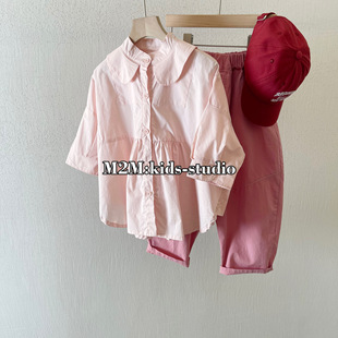 M2MKIDS2024春季韩版裸粉蝙蝠袖中袖纯色/裸粉娃娃领衬衫