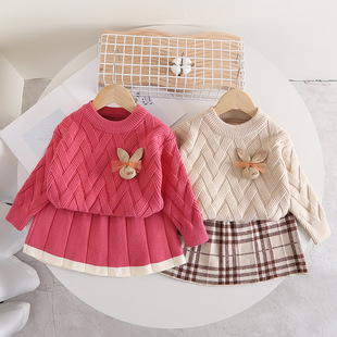 女童毛衣套裙秋冬天纯色小兔头针织两件套女反领长袖洋气套装