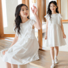 女童蕾丝飞袖连衣裙2023夏季白色甜美公主，裙洋气中大童纯棉短袖裙