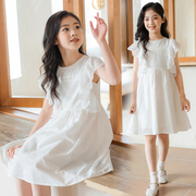 女童蕾丝飞袖连衣裙2023夏季白色甜美公主裙洋气中大童纯棉短袖裙