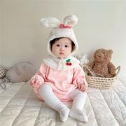 婴幼儿连体哈衣秋冬装女宝宝，条纹加绒公主，包屁衣爬服配兔耳朵帽