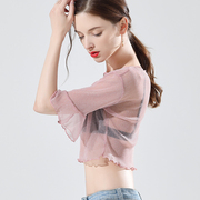 夏季韩版五分袖上衣大码女装，喇叭袖t恤网纱打底衫显瘦蕾丝衫