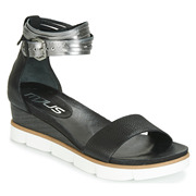 MJUS女鞋凉鞋坡跟厚底包跟增高一字带黑色简约风夏季