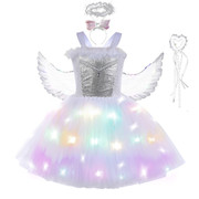 万圣节儿童服装白色天使连衣裙，化妆舞会礼服发光天使，翅膀公主裙