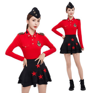 水兵舞服套装秋冬广场舞服装，女三色长袖t恤双排，扣短裙表演服
