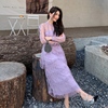 丁香紫色蕾丝拼接网纱绣花长袖，圆领性感透视长裙设计感修身连衣裙