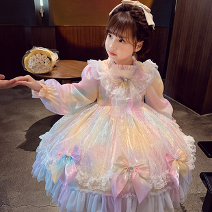 女童洛丽塔公主裙小女孩春装，2024洋气儿童蓬蓬，彩虹网纱连衣裙