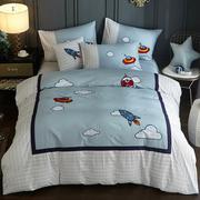 儿童床单四件套男孩纯棉，卡通被套1.2米1.5床笠式，全棉三件套蓝60支
