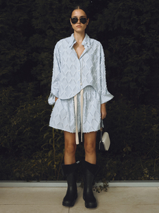 设计师品牌RECTO春夏女装波西米亚流苏条纹波浪露脐长袖衬衫