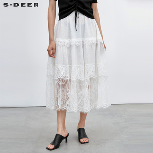 sdeer圣迪奥女装夏装松紧蕾丝拼接不规则白色长裙半身裙S21261126