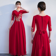 V领大合唱演出服女长裙红色长款比赛服装气质指挥主持人晚礼服裙