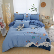 儿童床上用品可爱卡通纯棉，四件套1.5床笠蓝色100全棉，床单被套男孩