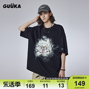 GUUKA黑色廓形短袖男重磅潮美式复古夜光猫咪t恤落肩上衣宽松