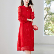 重工刺绣真丝红色旗袍，中式改良长袖连衣裙国际，奢华大牌桑蚕丝夏季