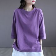 七分袖紫色t恤女宽松纯棉，短袖打底衫，休闲宽松大码女装春夏季上衣