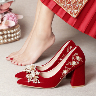 中式婚鞋新娘鞋女2023年秀禾婚纱两穿红色，高跟鞋粗跟结婚鞋子