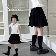 女童蕾丝边蛋糕裙短裙半身裙夏季2024儿童女宝宝夏天裙子黑色