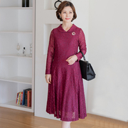 韩国秋季妈妈装蕾丝连衣裙，长袖纯色洋气中老年女装裙子op2309012