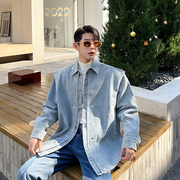 chic炸街复古假两件牛仔衬衣男小众解构拼接设计感韩版网红外套潮