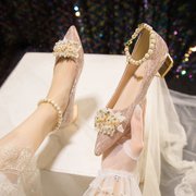 粗跟绸缎面婚鞋新娘鞋，2023法式主婚纱，秀禾两穿水钻高跟鞋订婚