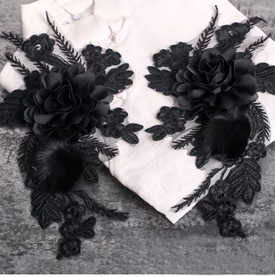 黑色立体羽毛蕾丝花朵布贴羽绒服补丁贴衣服装饰修补刺绣手缝贴花